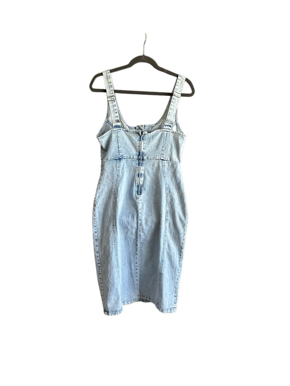 Mermaid Fitted Acid Wash Denim Midi Dress with Front Slit. Medium - Picture 12 of 14